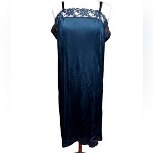 Vintage Xl Nightgown Blue Satin Lace Pajamas Lounge Sleepwear Woman dime…